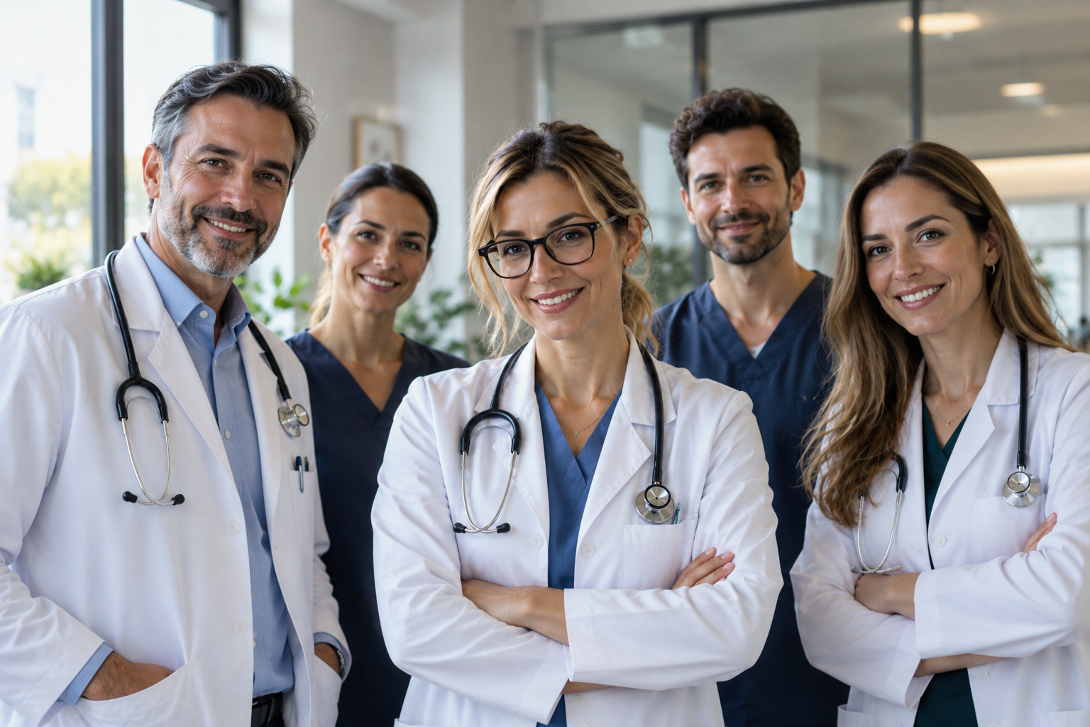 A team of smiling doctors and health professionals in a bright clinic